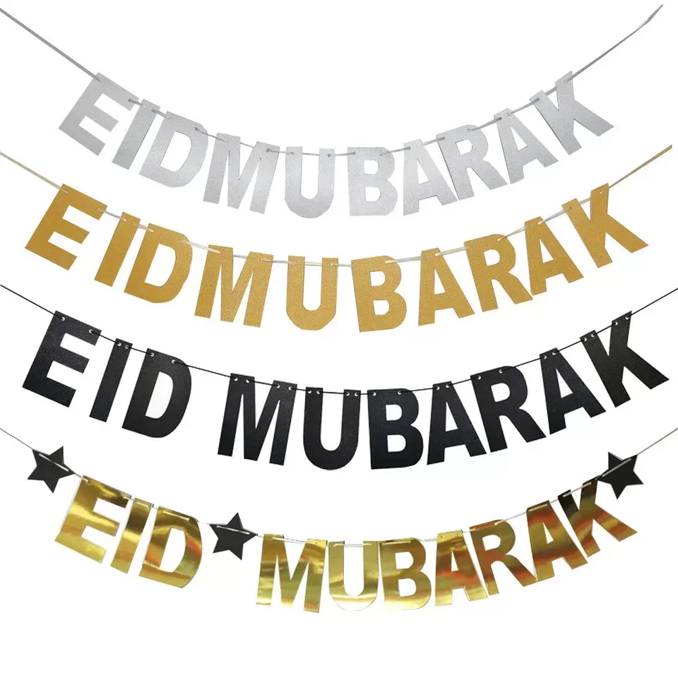 Gold Glitter EID MUBARAK Paper Flag Banner
