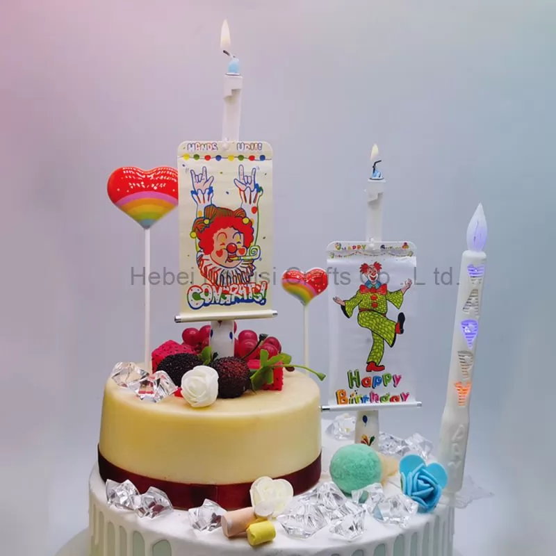 party romantic new strange birthday cake surprise  clown banner decorated candles