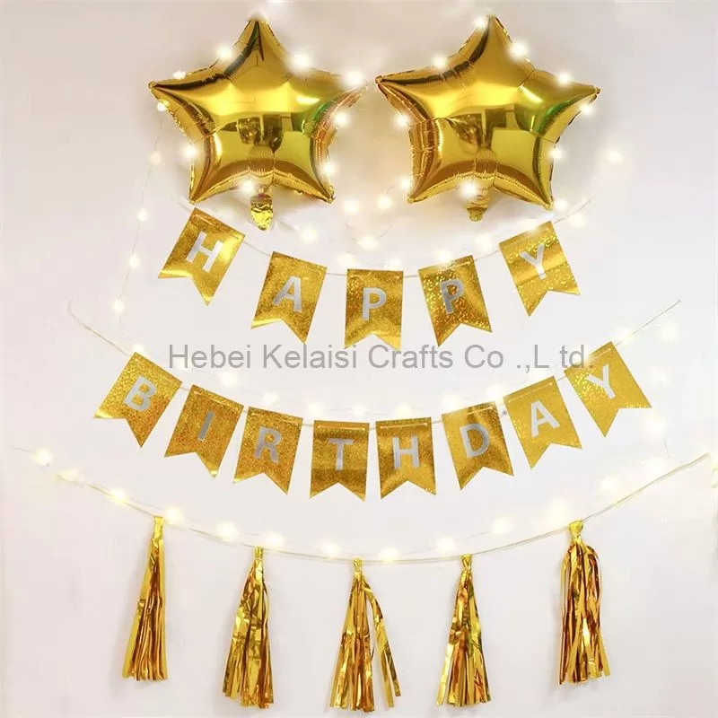 Shiny gold color flags Happy birthday banner