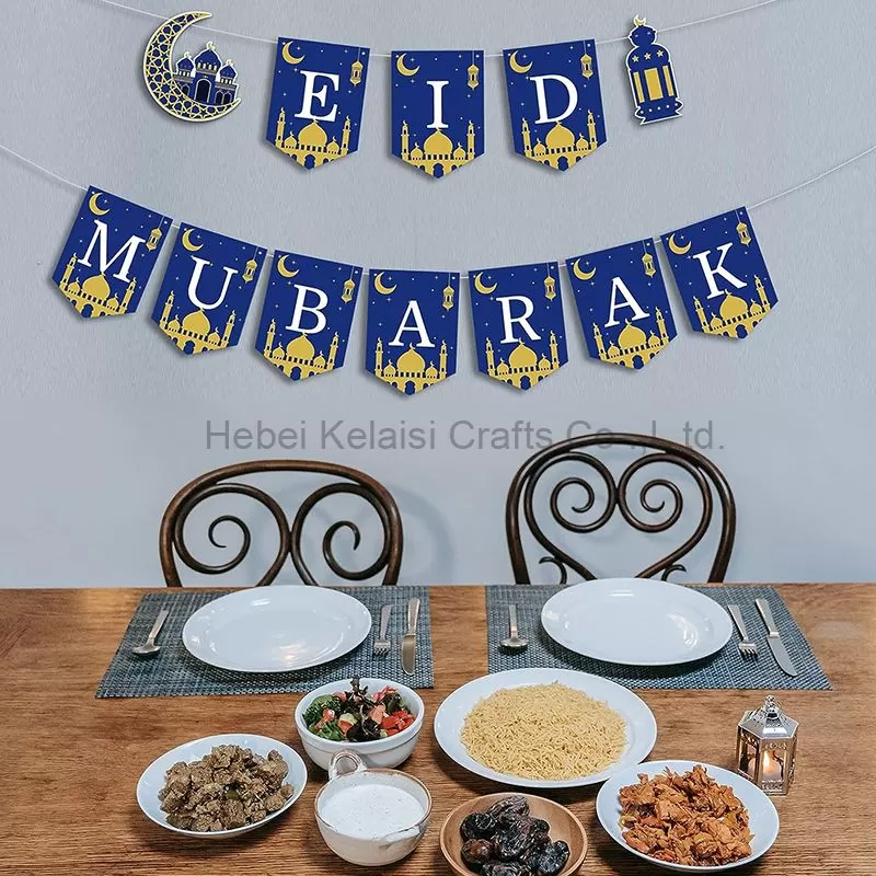 Blue Gold Muslim Mubarak Bunting Banner