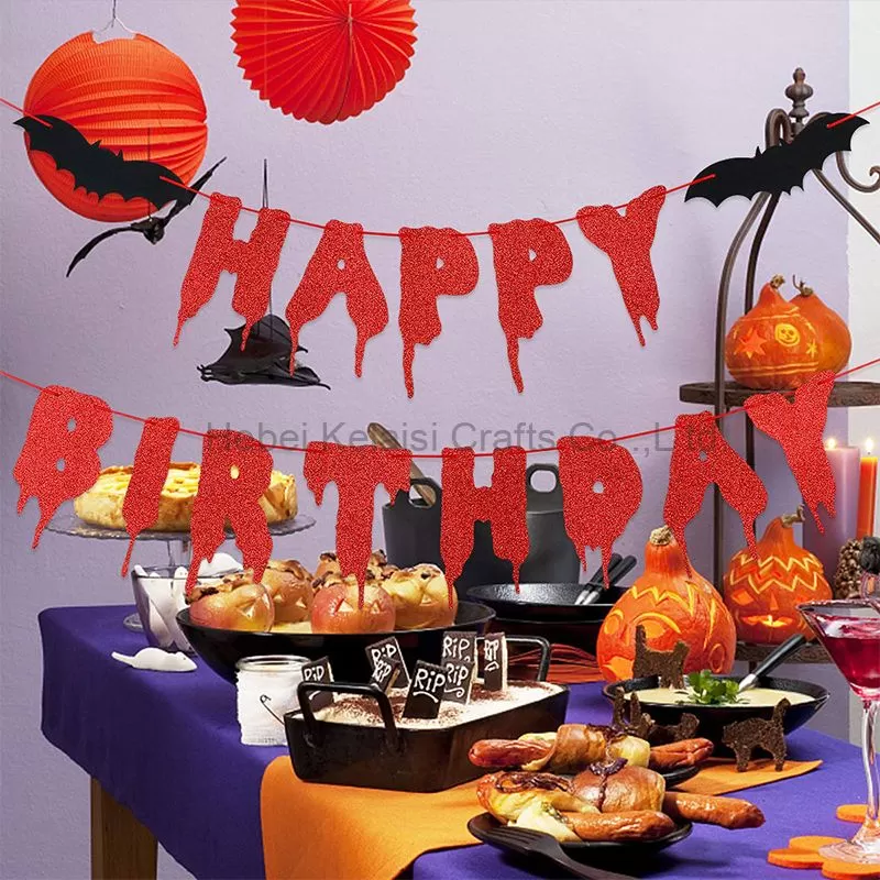 Red Glittery Happy Birthday Halloween Banner