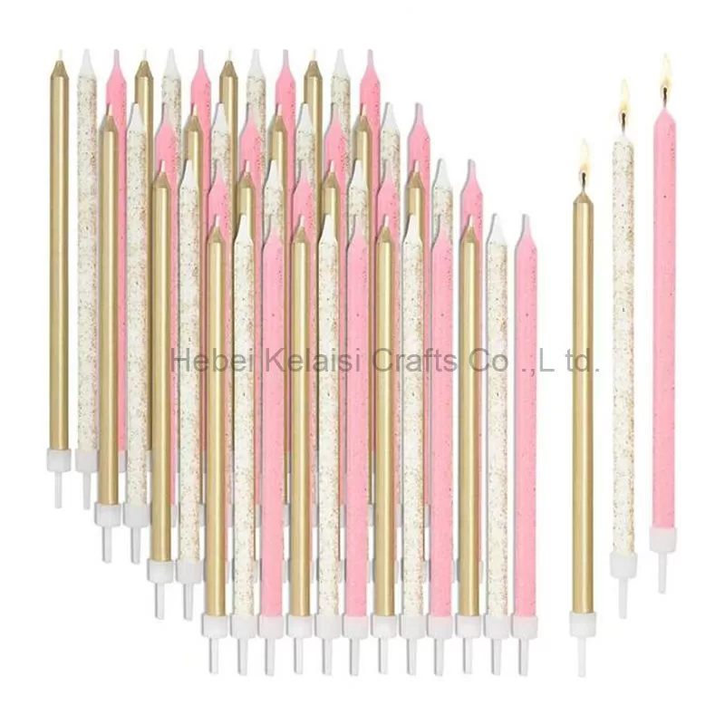 Metallic Glitter Long Thin Birthday Cake Candles with Holders