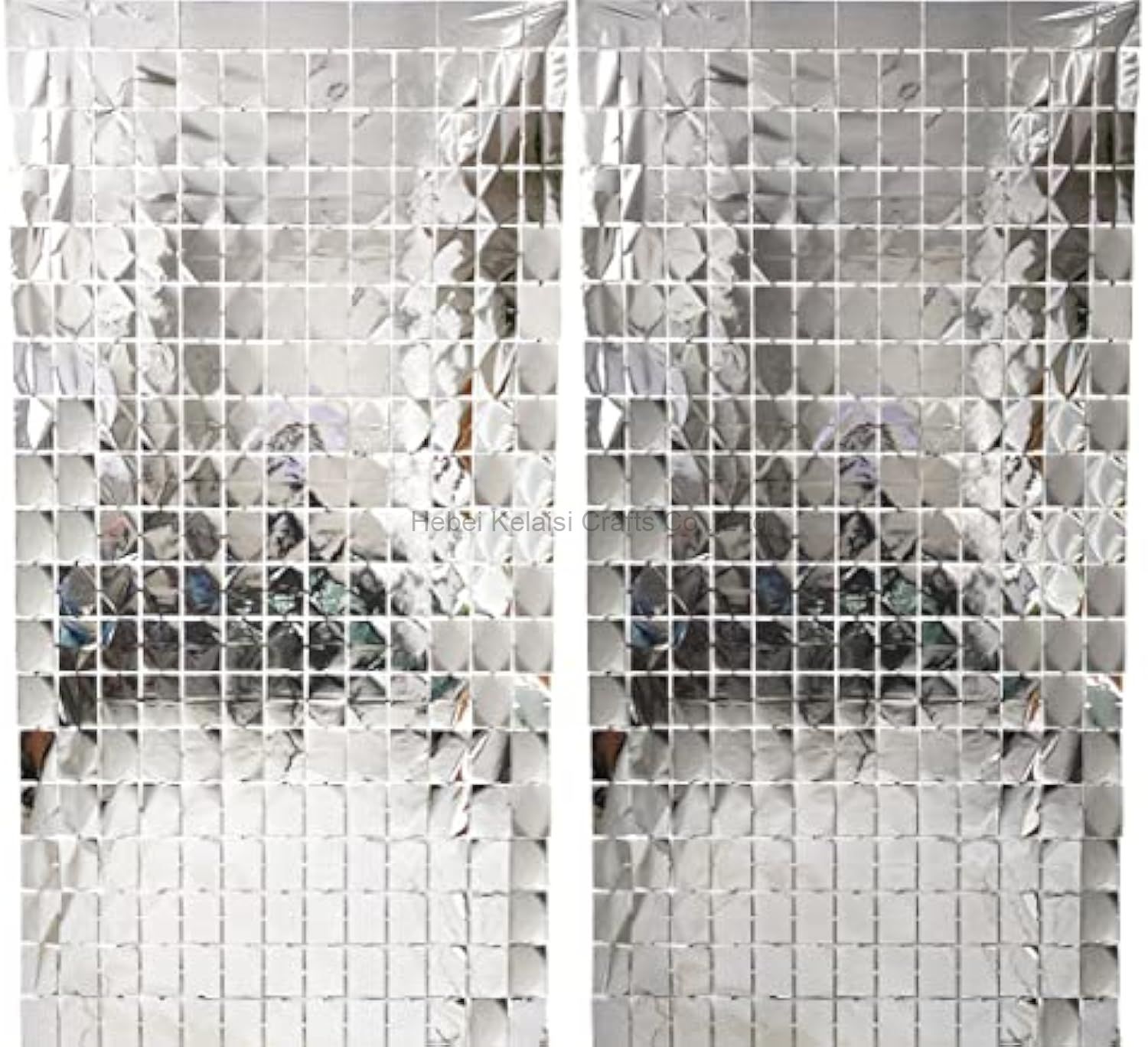Shiny Grid Metallic Party Decoration Silver Square Foil Backdrop Curtain