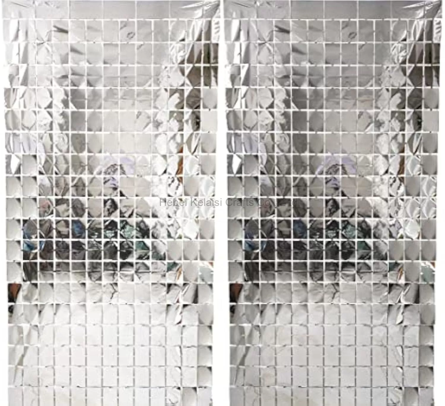 Shiny Grid Metallic Party Decoration Silver Square Foil Backdrop Curtain