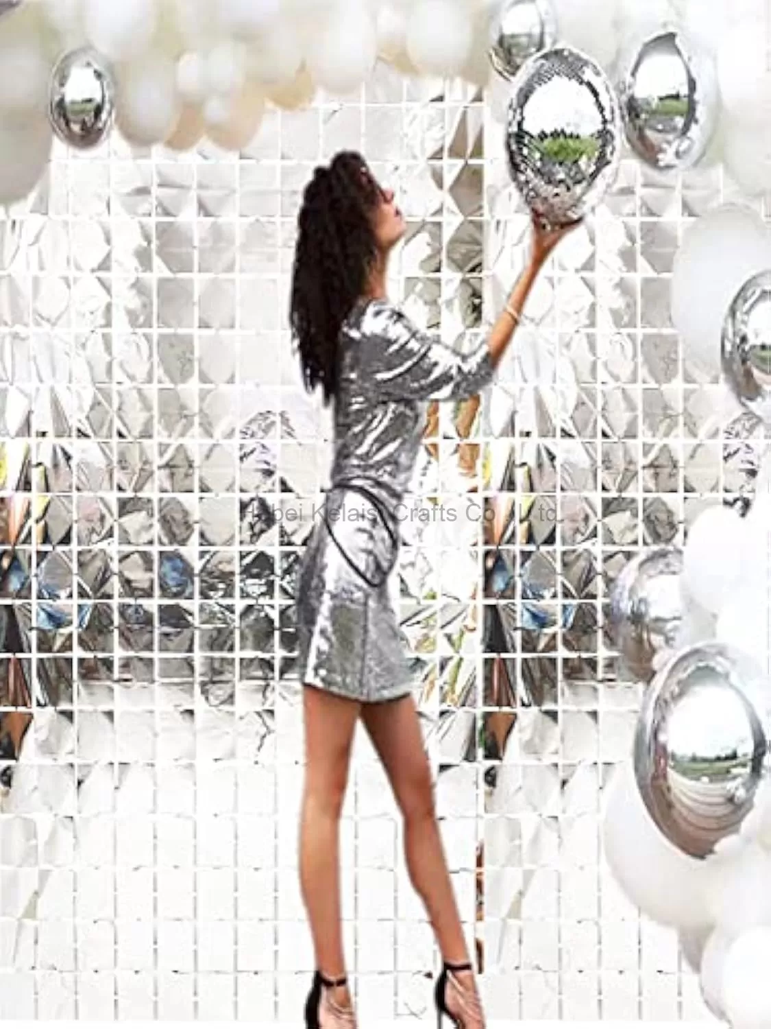 Shiny Grid Metallic Party Decoration Silver Square Foil Backdrop Curtain