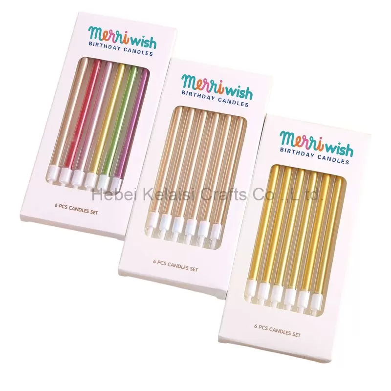 Wholesale Long Stem Metallic Birthday Candles – Gold & Silver Thin Pencil Cake Candles (6pcs Boxed)